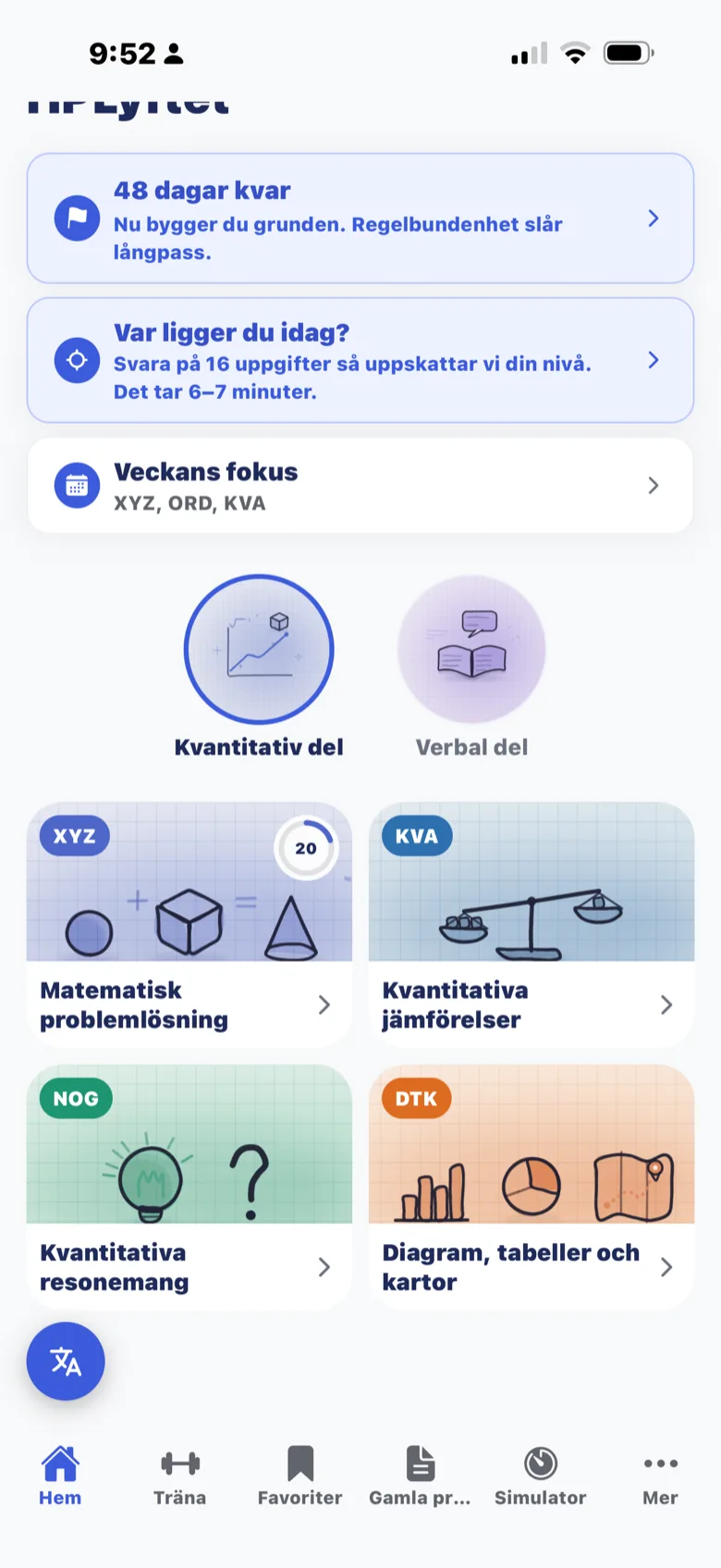 Startskärmen i HPLyftet: nedräkning till provet, en genväg till nivåtestet, veckans fokus, och den kvantitativa delens fyra delprov som kort.