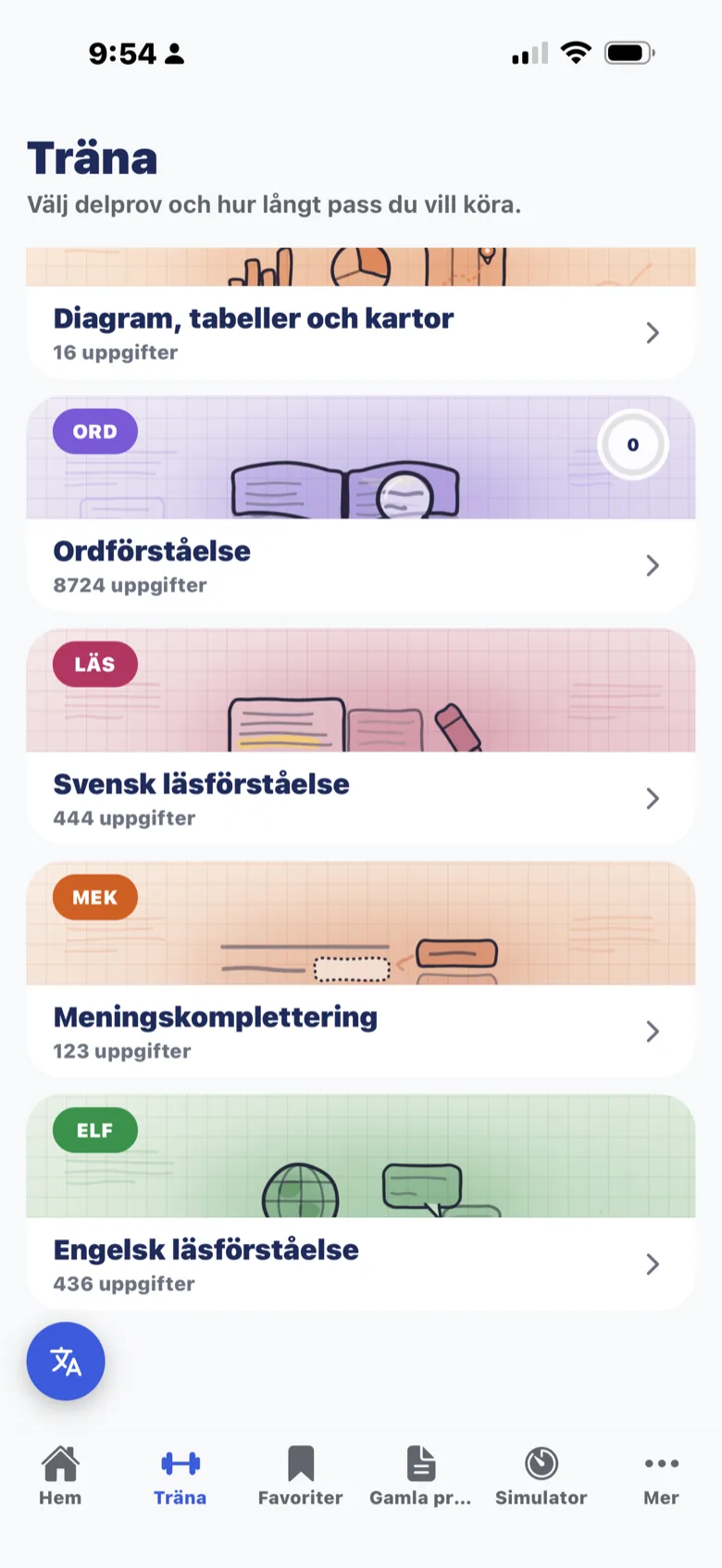 Träna-fliken med de innehållsdrivna delproven: DTK med 16 uppgifter, ORD med 8 724, LÄS med 444, MEK med 123 och ELF med 436.